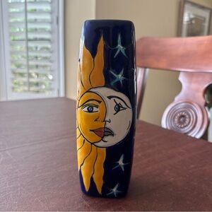 VTG Talavera Pottery Style Hand Painted Moon/Sun Square Vase; 8.25” H